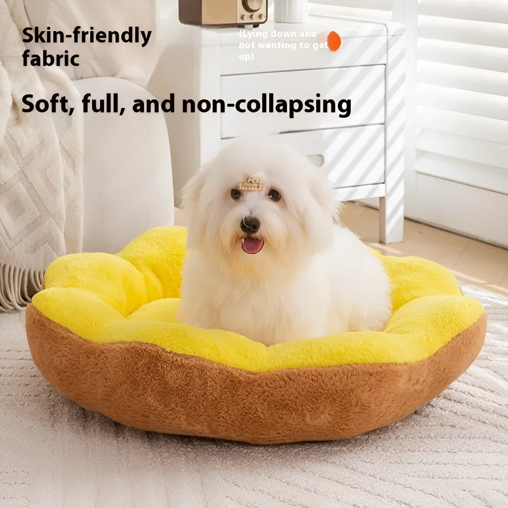 Round rabbit plush pet bed in brown grey colour with detachable washable design and reinforced edges
