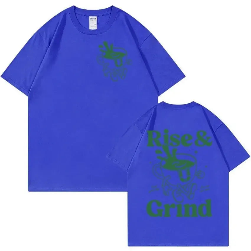 Rise And Grind green coffee cartoon print on a loose-fit linen T-shirt in khaki colour