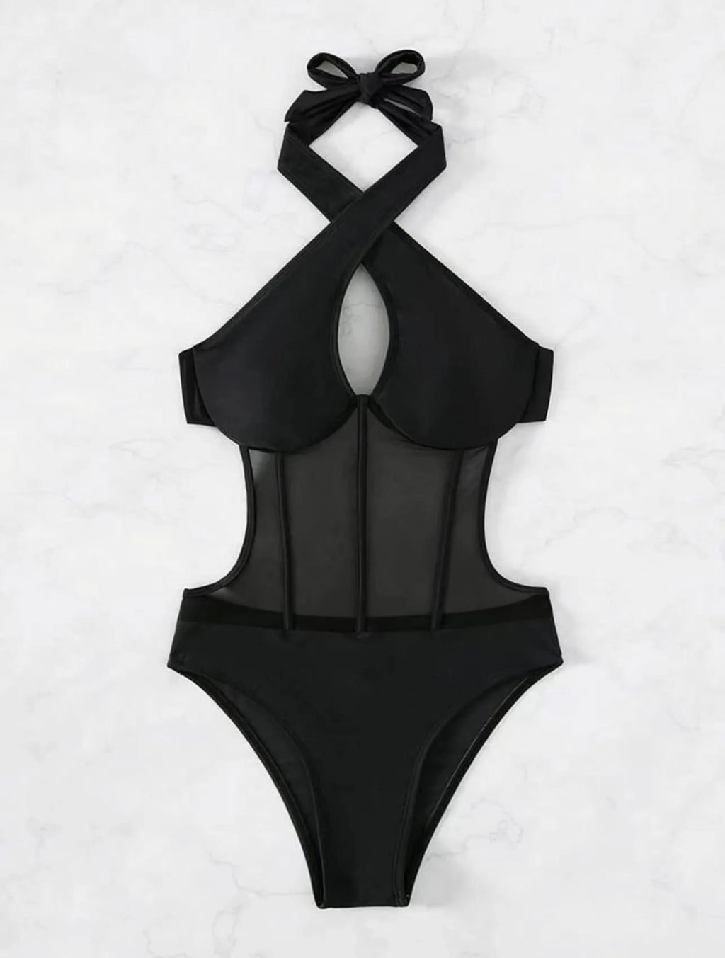 Ladies one-piece swimsuit bikini in spun yarn fabric shown in black, rose red, and green colours.