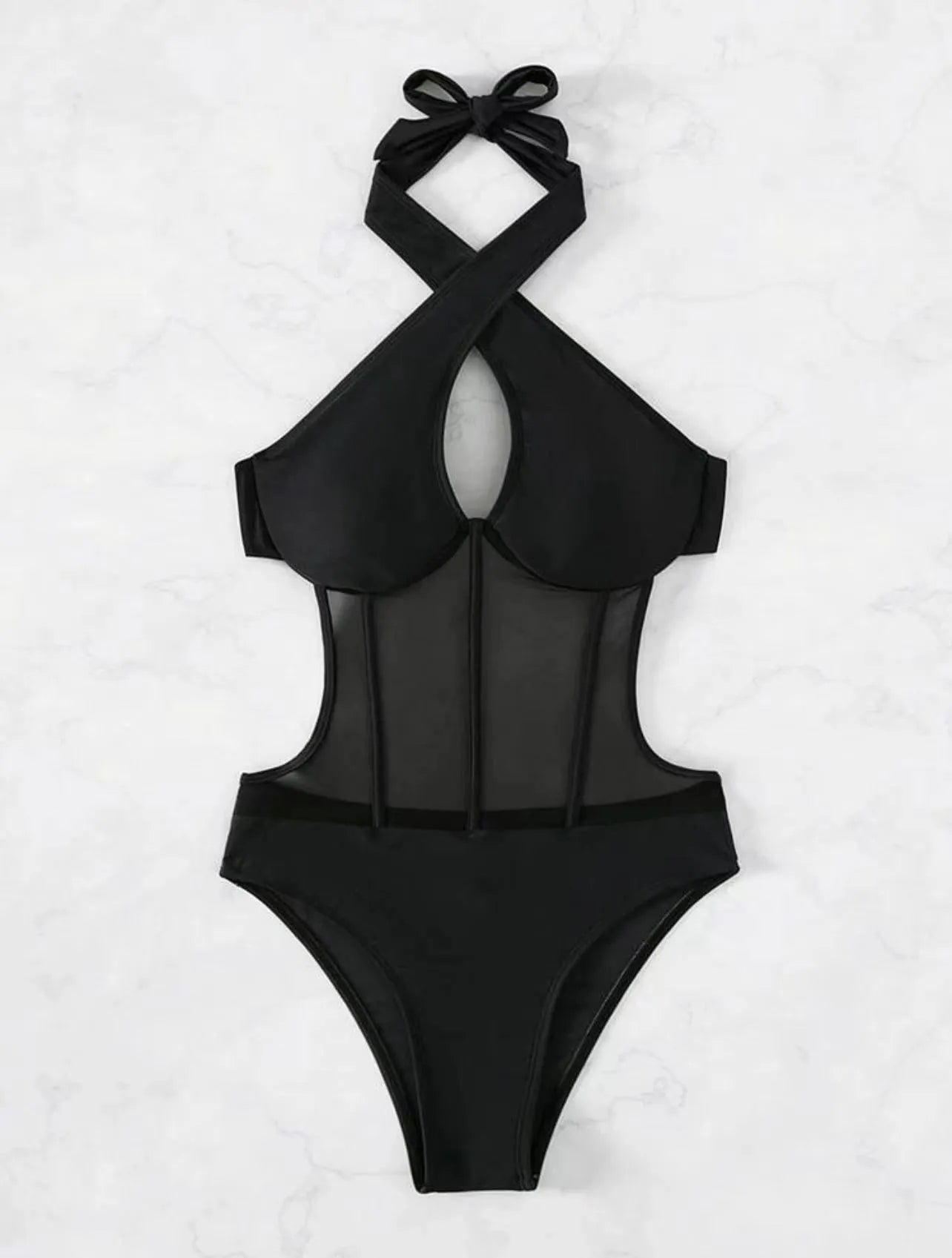 Ladies one-piece swimsuit bikini in spun yarn fabric shown in black, rose red, and green colours.