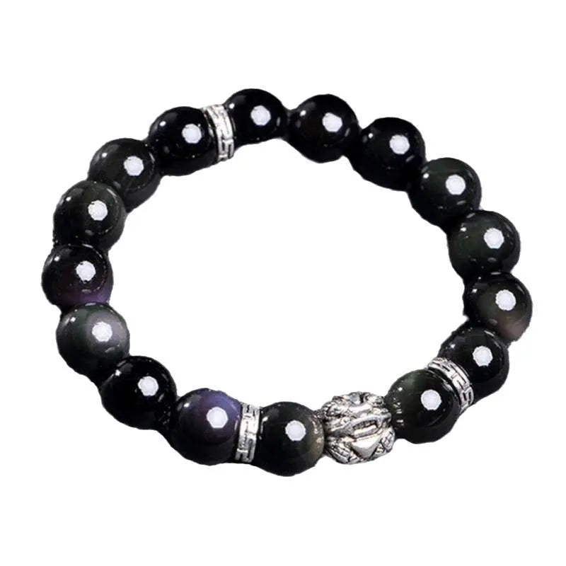 Obsidian and 999 silver bracelet with natural cloud pattern beads, shown in 10mm and 12mm sizes.