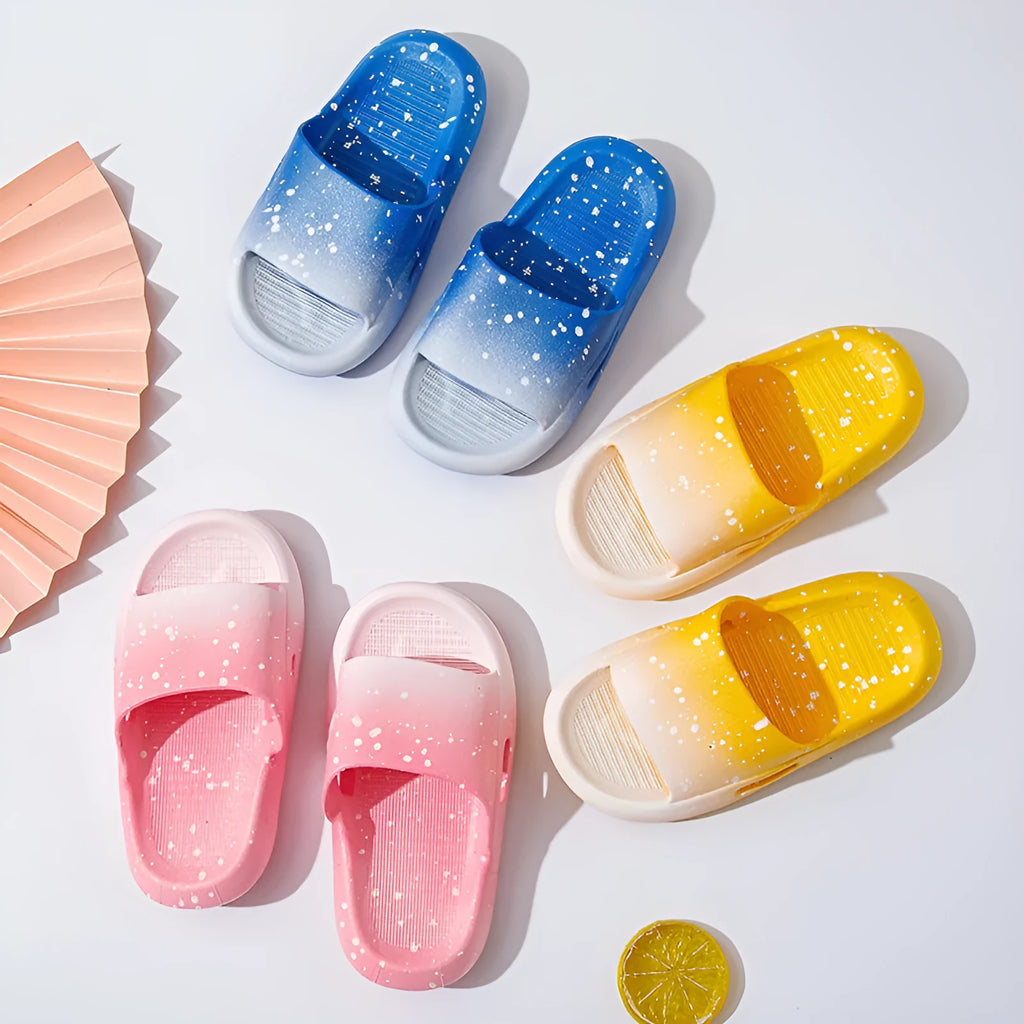 Children's gradient colour PVC summer slippers with non-slip soles shown in multiple colour options.