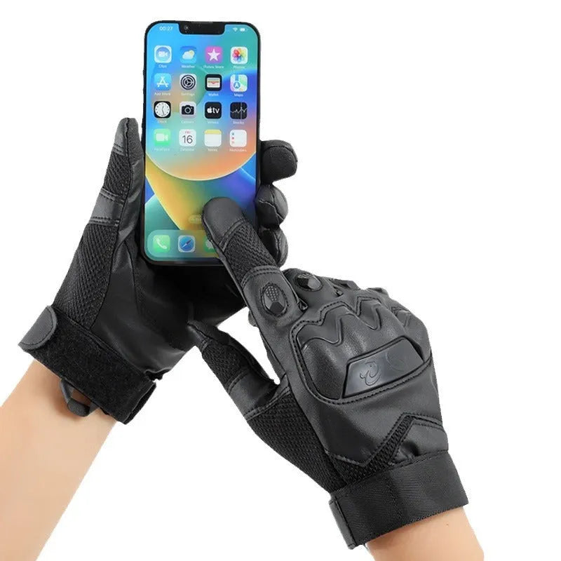 Men's black tactical training gloves with full finger design and touch screen fingertips