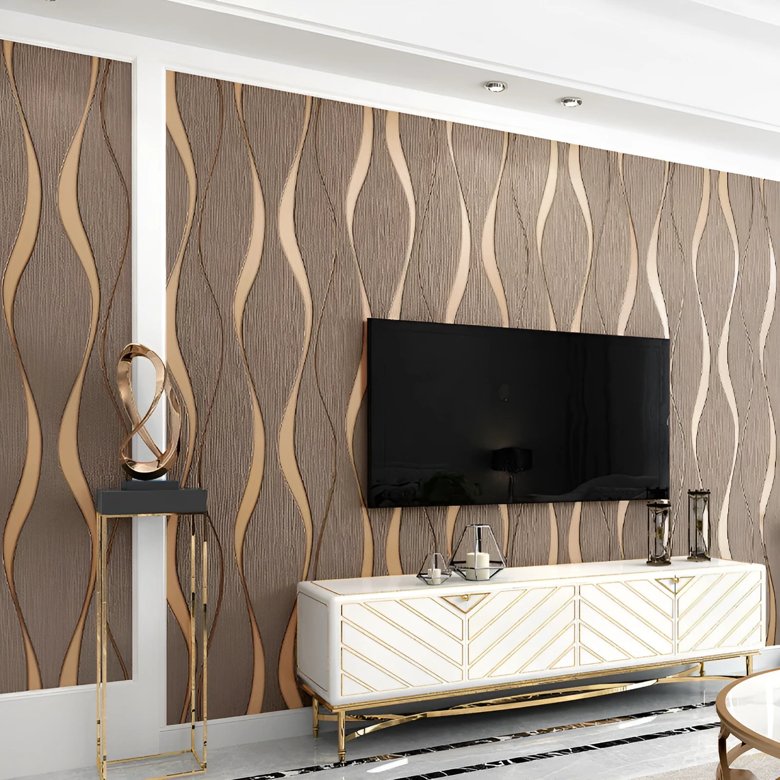 Roll of grey 3D curve stripe textured velvet wallpaper against a wall.