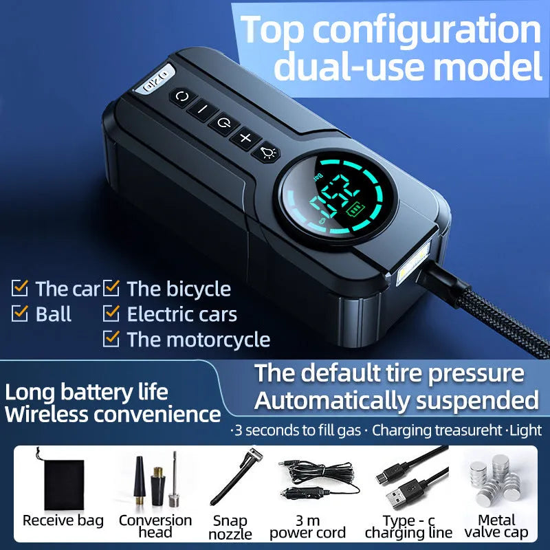 Wireless portable vehicle air pump with 6000mAh battery, conversion heads, and carry bag