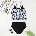 High waist double-layer swimsuit in black or coconut tree print, sleeveless with briefs.