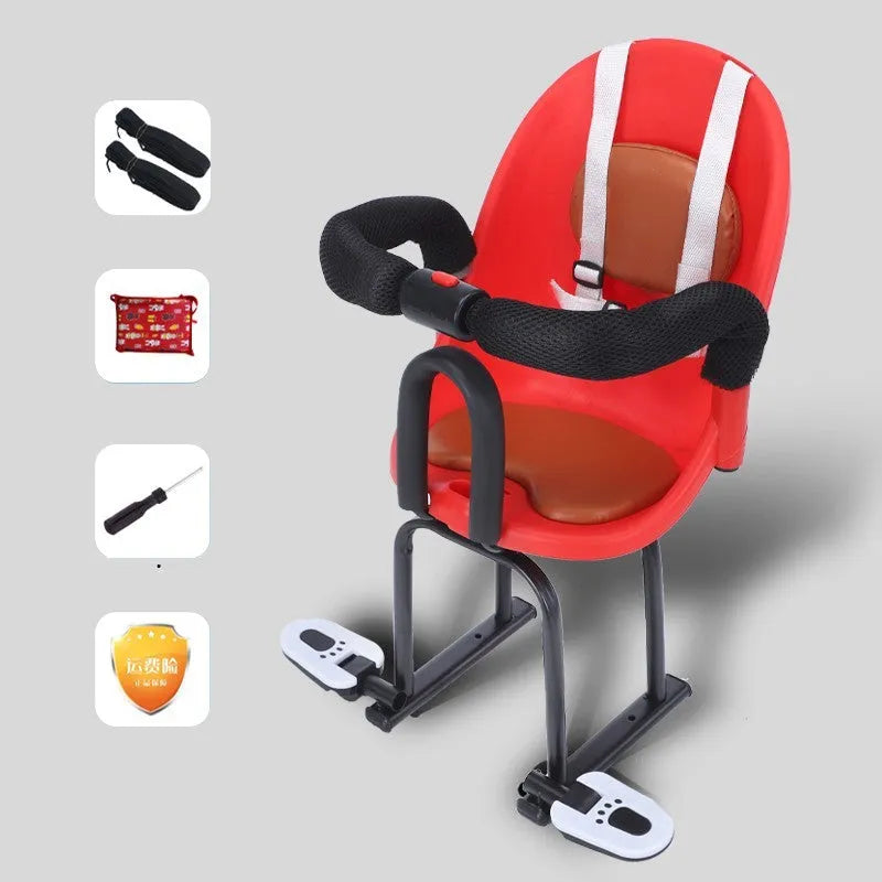 Front baby battery scooter safety seat with steel frame in black, red, or white