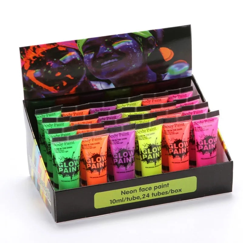 25ml tubes of neon face and body paint in red, yellow, green, purple, orange, and pink colours
