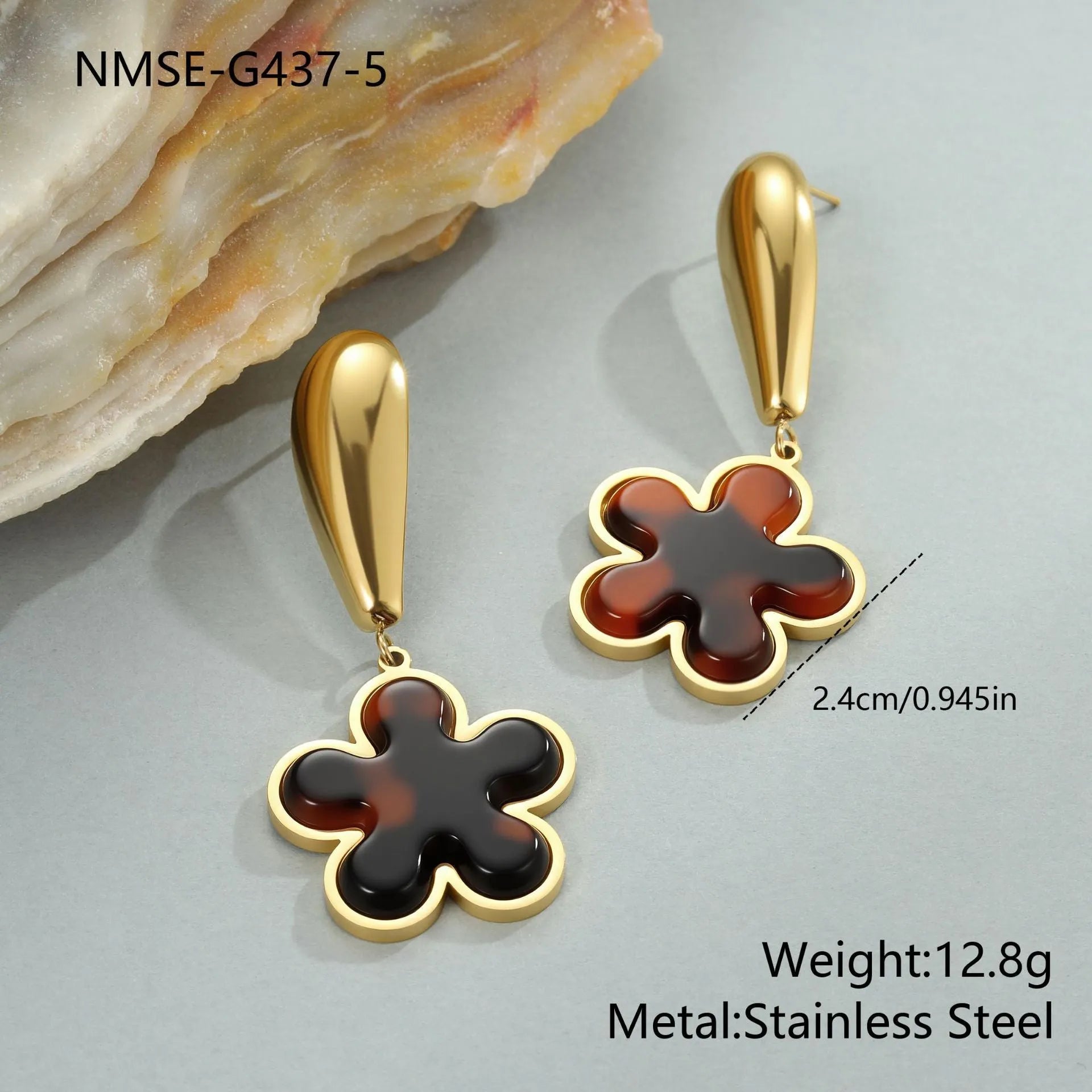 Women's tortoiseshell resin hawksbill colour earrings with 18K gold electroplating in heart-shaped and floral geometric designs