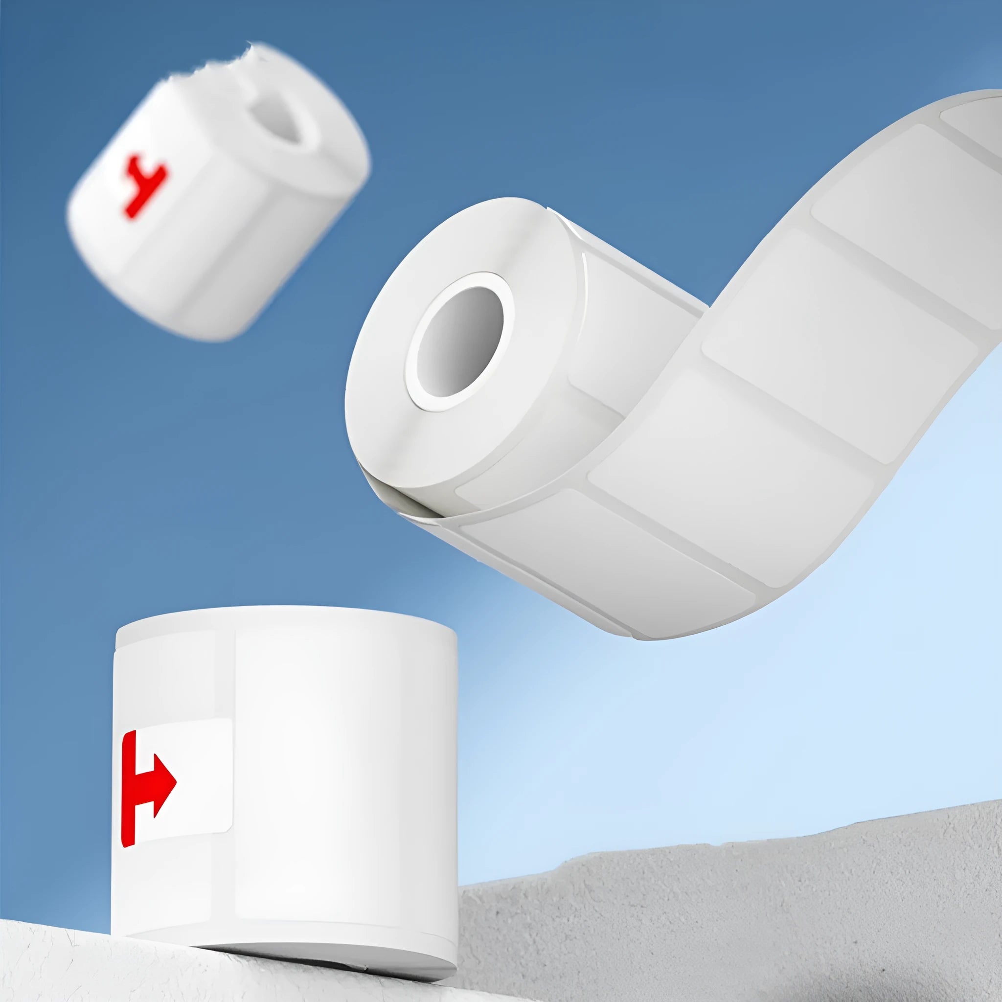 Roll of white 40x40mm thermosensitive paper adhesive labels for commercial labelling applications