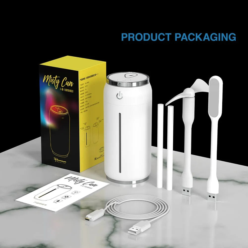 220ml USB car humidifier in black with 141x64x64mm dimensions, ABS PP build, mini light and fan included