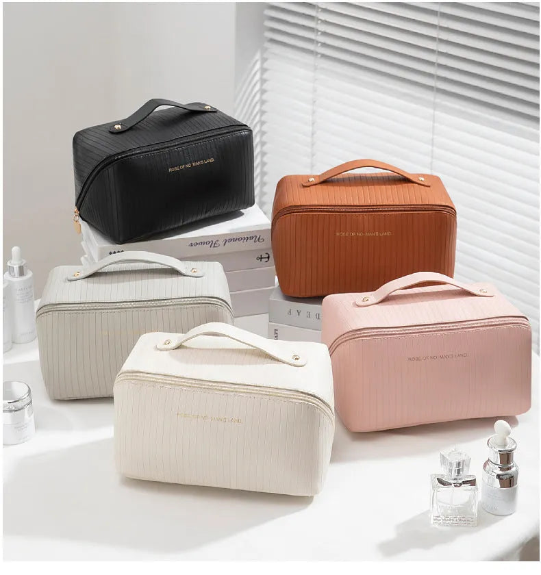 Vertical pattern pillow makeup bag showing cubic 22.5cm design with travel storage capacity