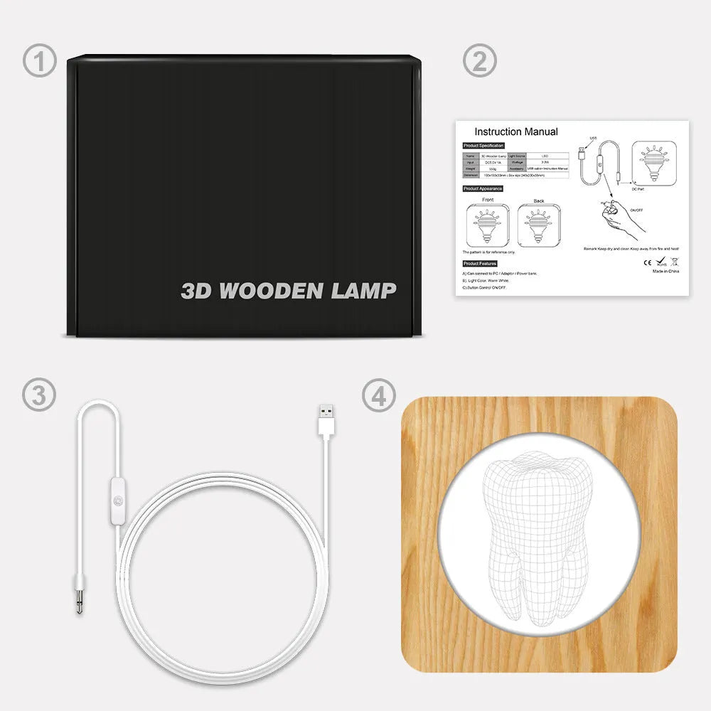 Tooth shaped wooden colour acrylic USB night lamp measuring 19cm square