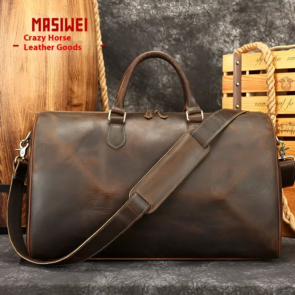 Men's large genuine leather crossbody bag in vintage style with shoulder strap