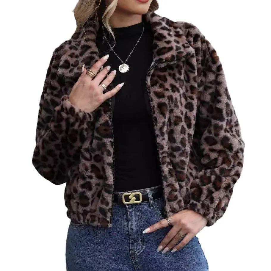 Women's leopard print rabbit fur plush winter coat with zip front and raglan sleeves