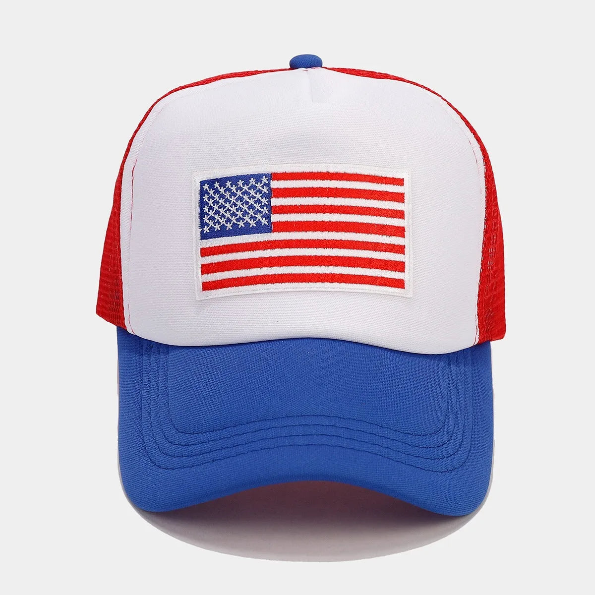 Red and blue contrast baseball cap with mesh breathable crown and adjustable strap