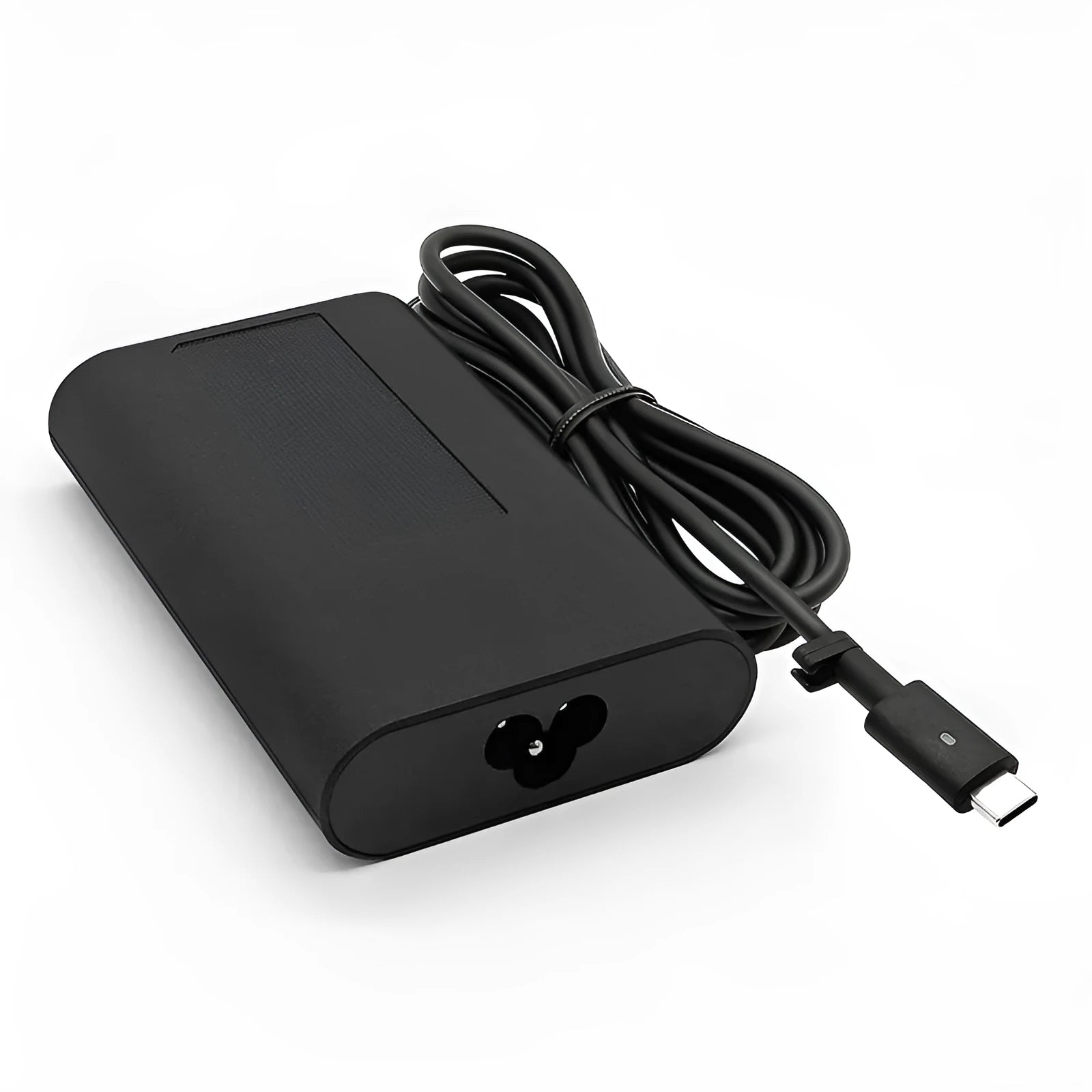 Black 65W Type-C laptop power adapter with multiple international plug heads on a white background.