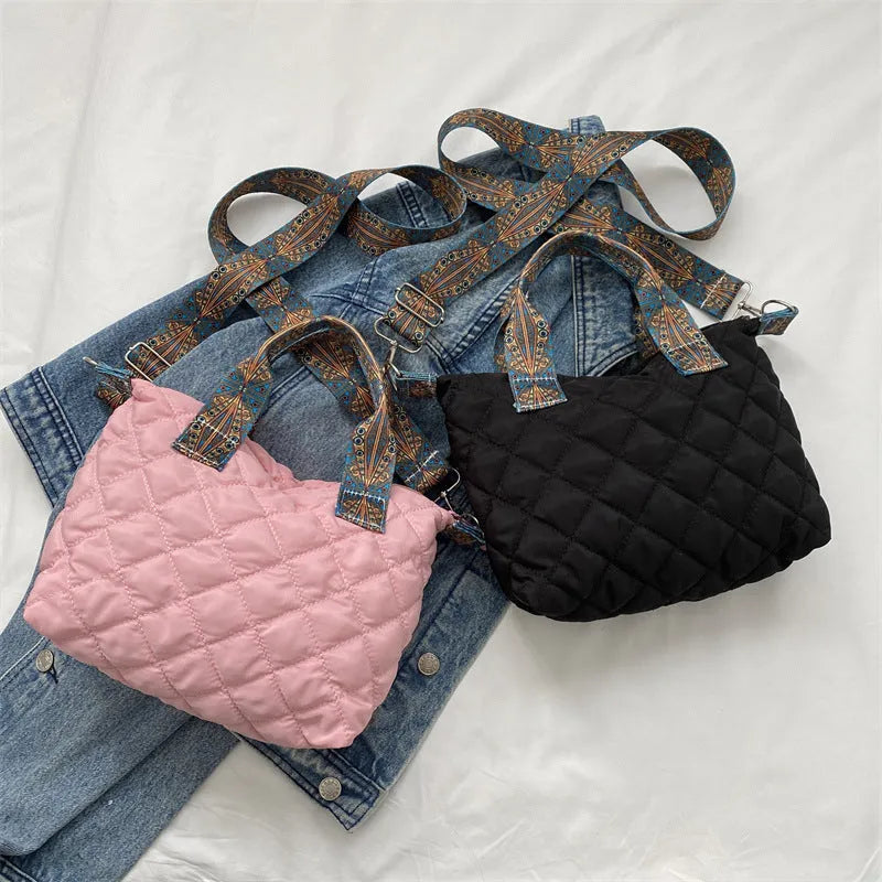 Soft Oxford cloth shoulder messenger bag with embroidery details in horizontal square shape