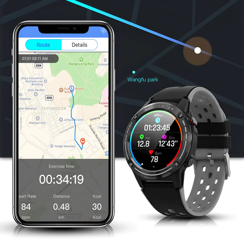 GPS smart watch with a silicone strap in blue on a wrist, showing the digital display.