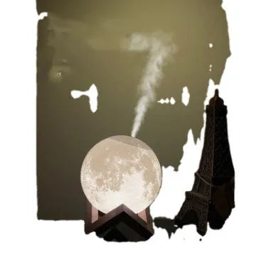 Spherical white Lunar humidifier night light with USB charging port and essential oil bottle
