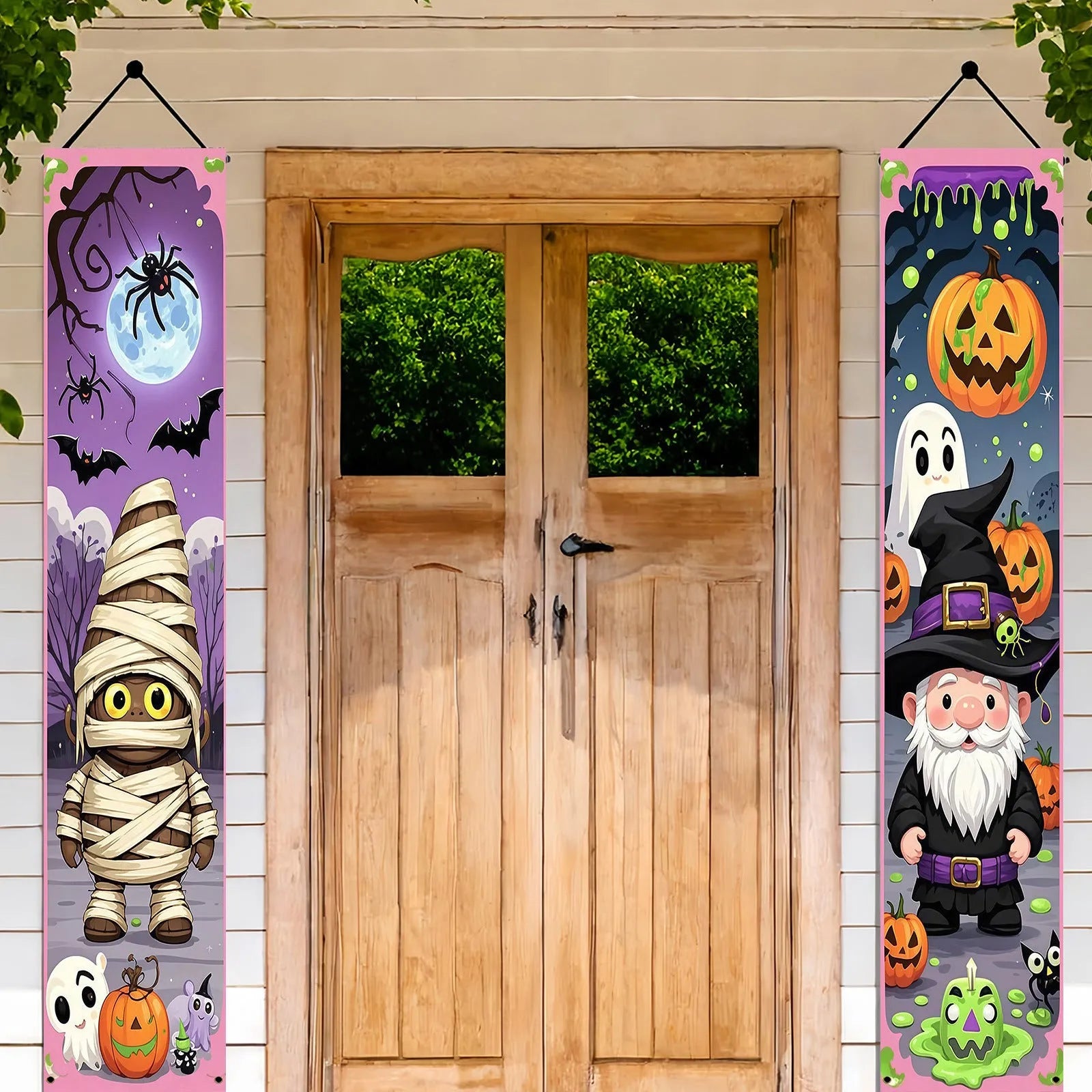 A pair of long, narrow orange and black Halloween-themed polyester hanging banner decorations.