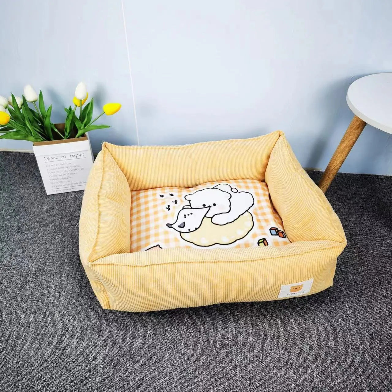 Cotton dog bed with fine velvet surface in Chinese red colour showing 50x40cm size
