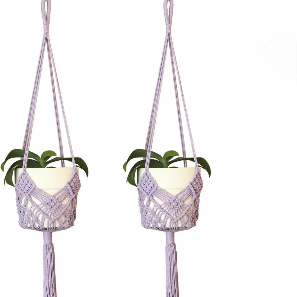 Hand-woven polyester cotton flower pot in brown with a net pocket extension cord