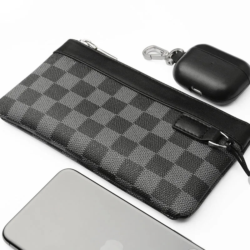 Black men's leather clutch wallet made from genuine cowhide measuring 20 by 10 centimetres