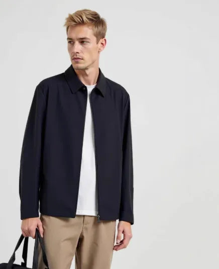 Men's navy blue summer business coat with lapels, ice silk fabric, and regular fit for office wear