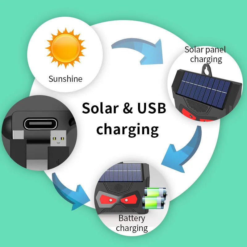 Black solar-powered ultrasonic animal repeller for outdoor gardens with adjustable frequency