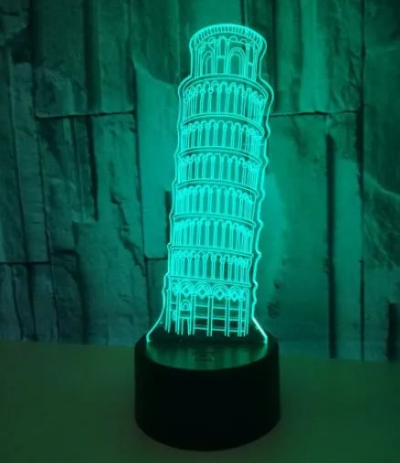 Leaning Tower of Pisa 3D acrylic nightlight with colourful LED illumination on a black base.