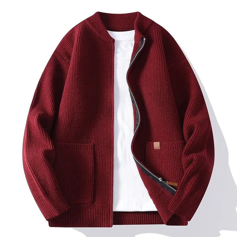 Men's striped cardigan jacket in a chemical fibre blend, shown in beige, with a straight fit.