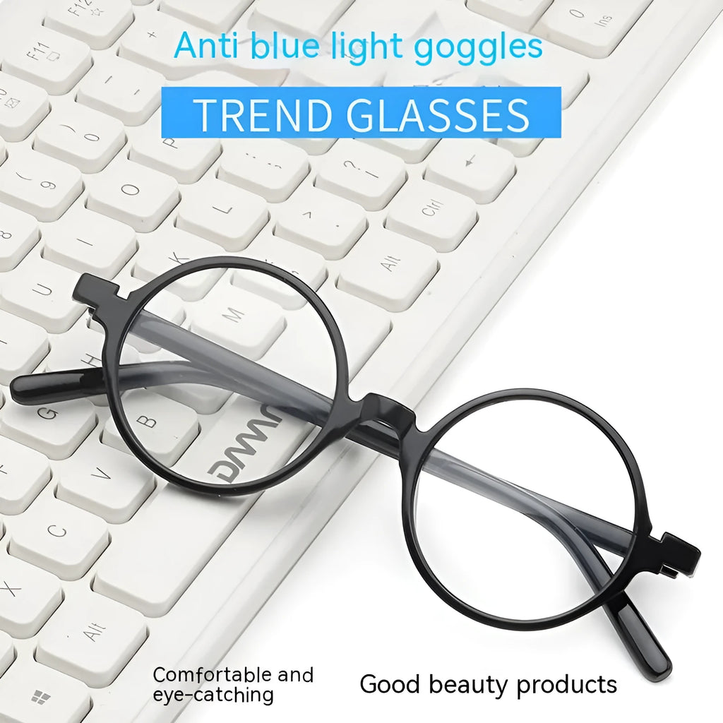 Artistic retro round flat mirror sunglasses in bright black, sand black, tofu pudding, and transparent grey frames.