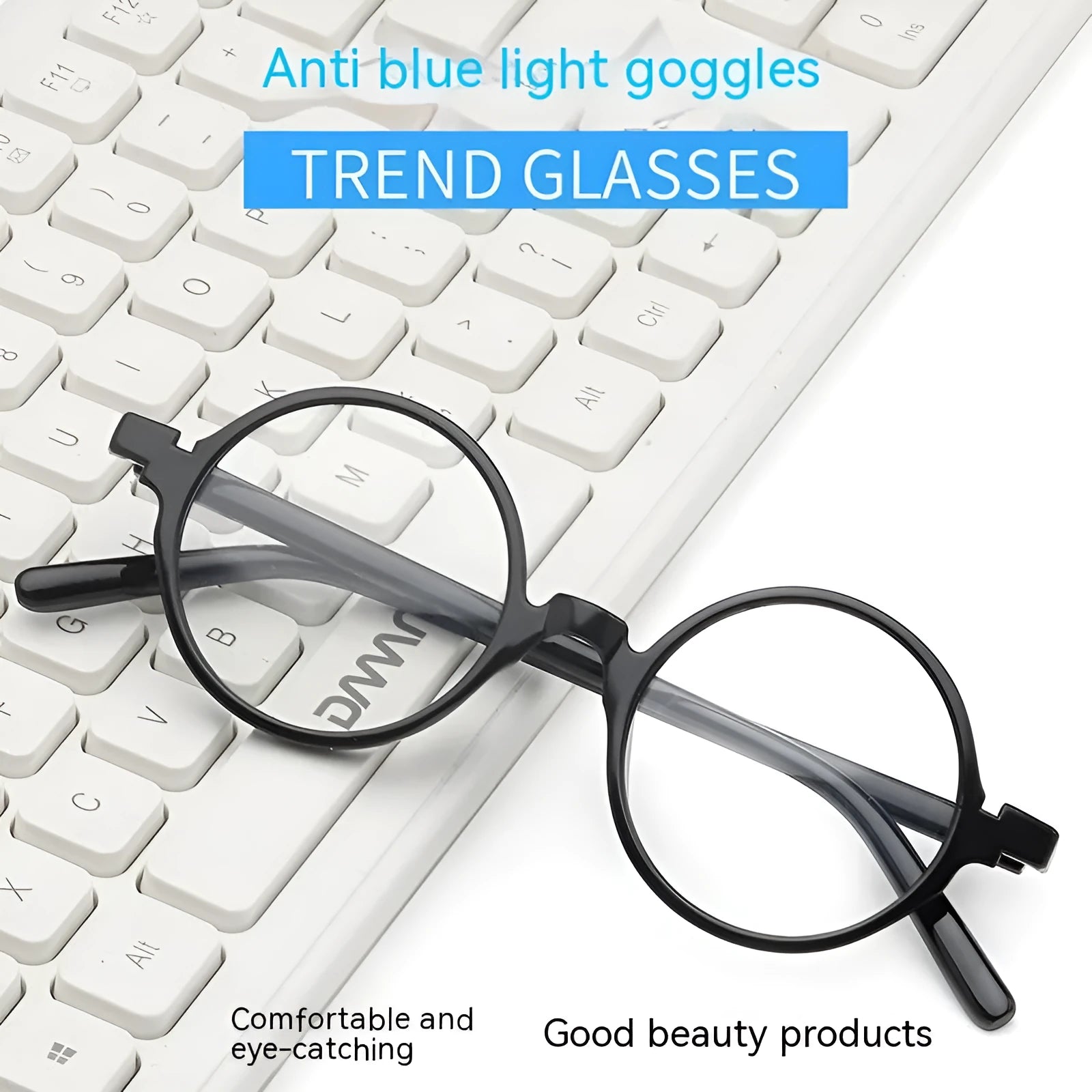 Artistic retro round flat mirror sunglasses in bright black, sand black, tofu pudding, and transparent grey frames.