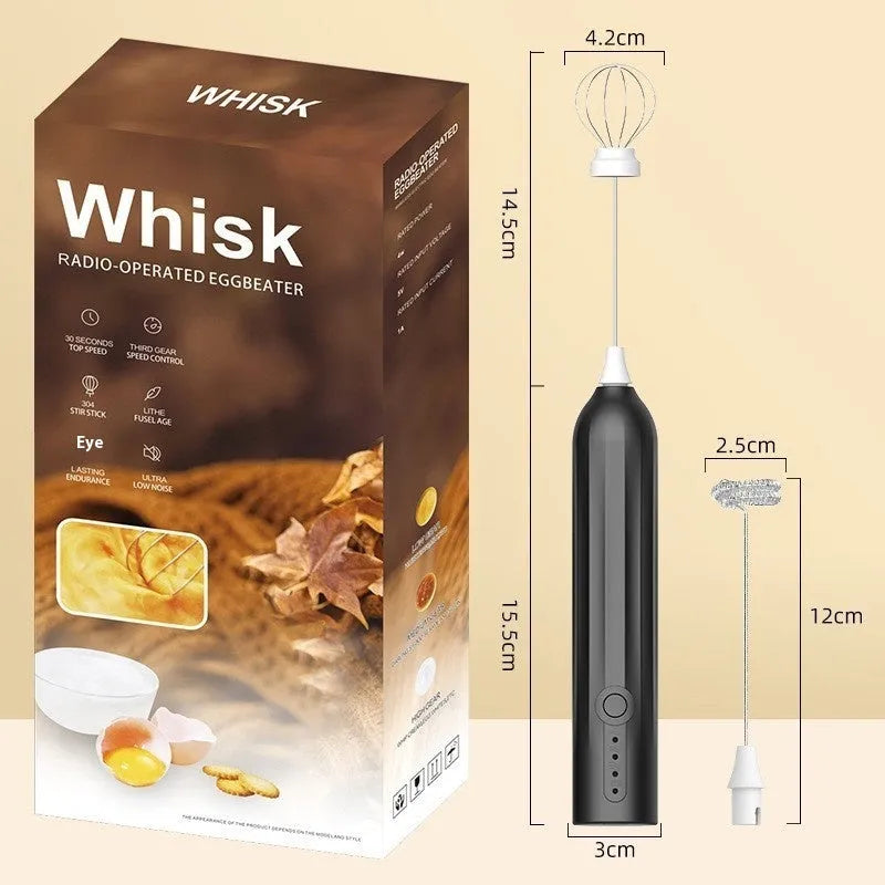 Handheld USB rechargeable milk frother in black, white, or khaki colour on a kitchen counter.