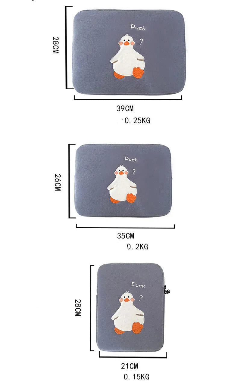 Blue cotton tablet case with cartoon duck embroidery and zipper closure for 11-16 inch tablets