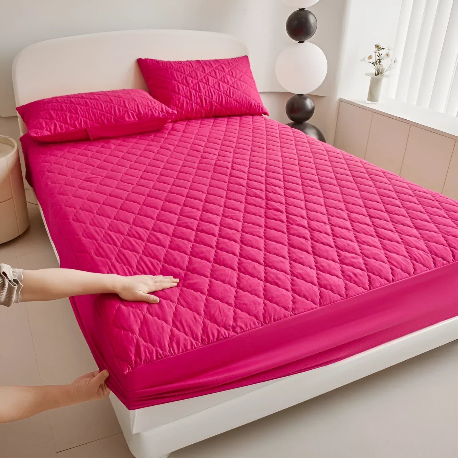 Diamond lattice quilted waterproof mattress protector set in bamboo fibre with fitted sheet and pillowcases