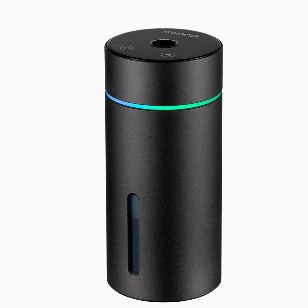 Aluminium portable car air humidifier and essential oil diffuser with multi-colour light on a black USB cable.