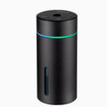 Aluminium portable car air humidifier and essential oil diffuser with multi-colour light on a black USB cable.