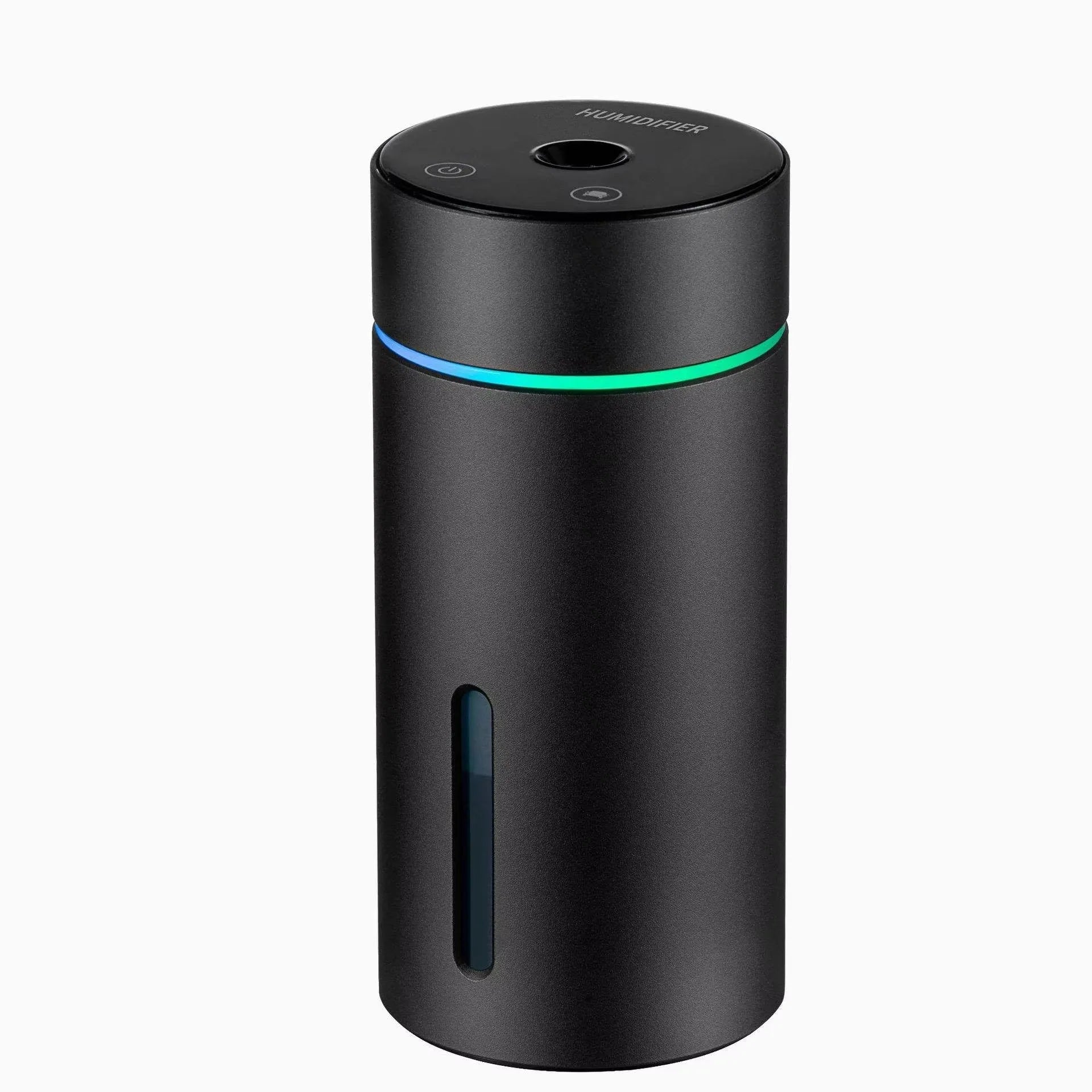 Aluminium portable car air humidifier and essential oil diffuser with multi-colour light on a black USB cable.