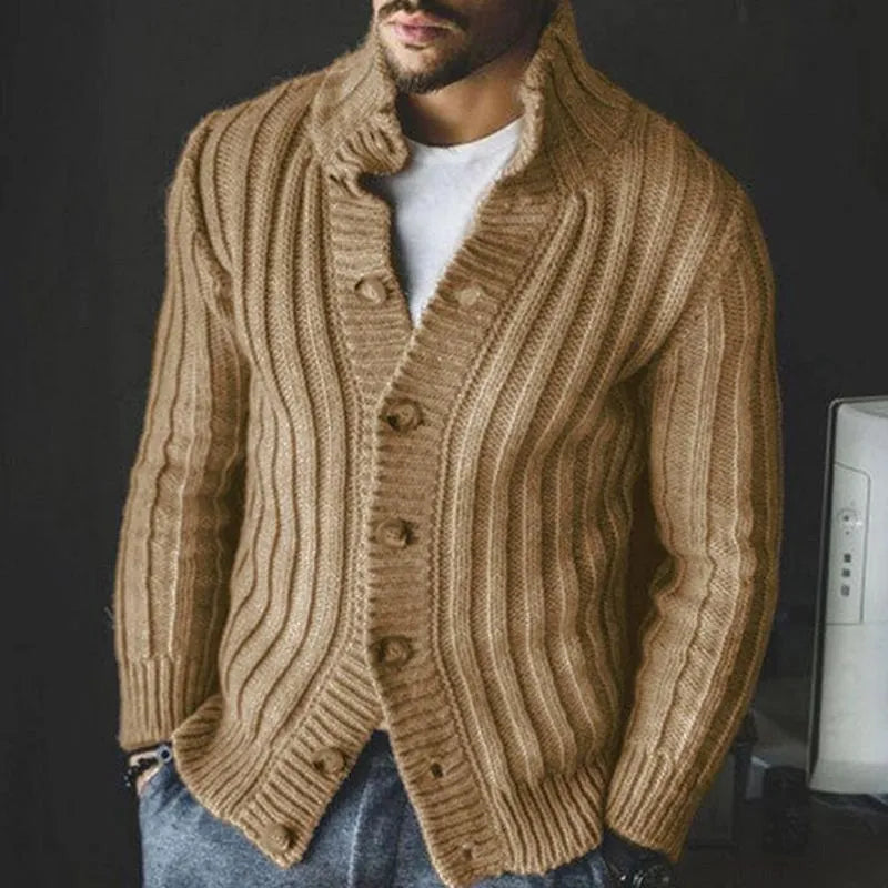 Men's casual single-breasted knitted sweater with lapel collar, long sleeves, in khaki colour