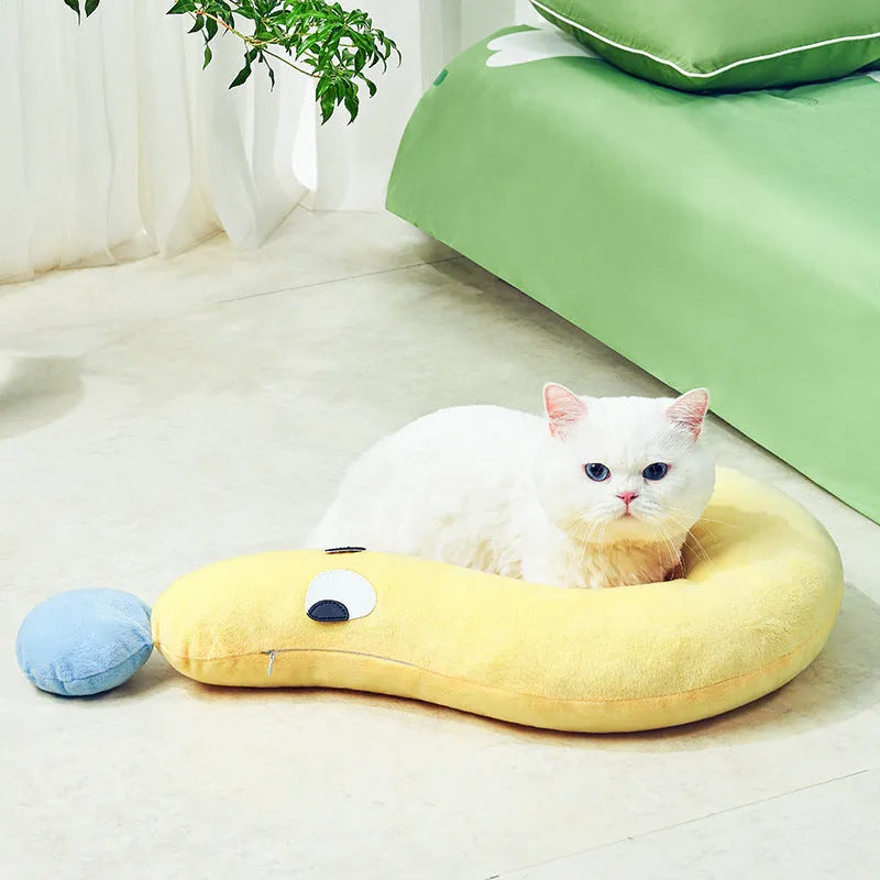 Blue or yellow rectangular pet pillow for cats and dogs on a white background