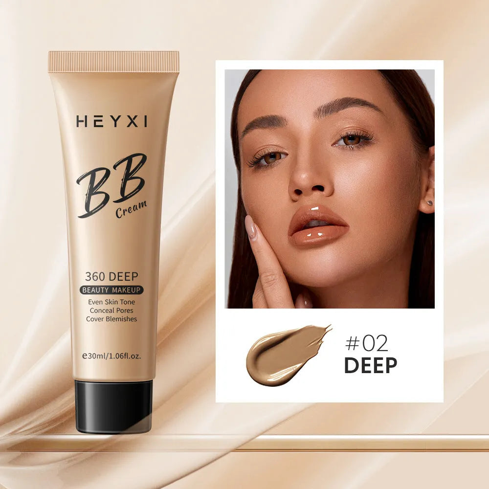 Waterproof BB cream bottle showing four colour shade options for universal skin types