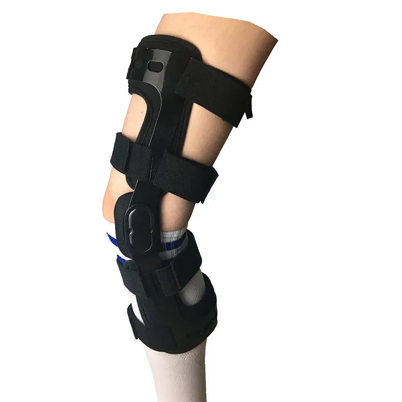 Black anterior knee support brace showing left and right specific versions for sizes S, M, L, and XL.