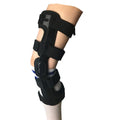 Black anterior knee support brace showing left and right specific versions for sizes S, M, L, and XL.