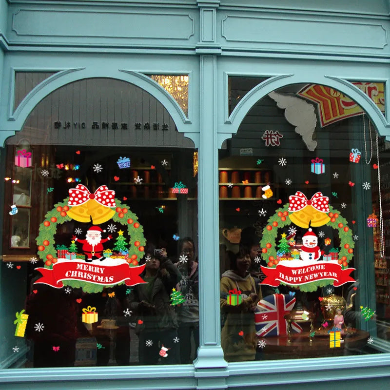 Two large colourful cartoon pattern electrostatic cling wall stickers on a glass window.