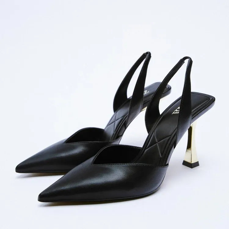 Patent leather pointed high heels in black and apricot colours with Korean-style design