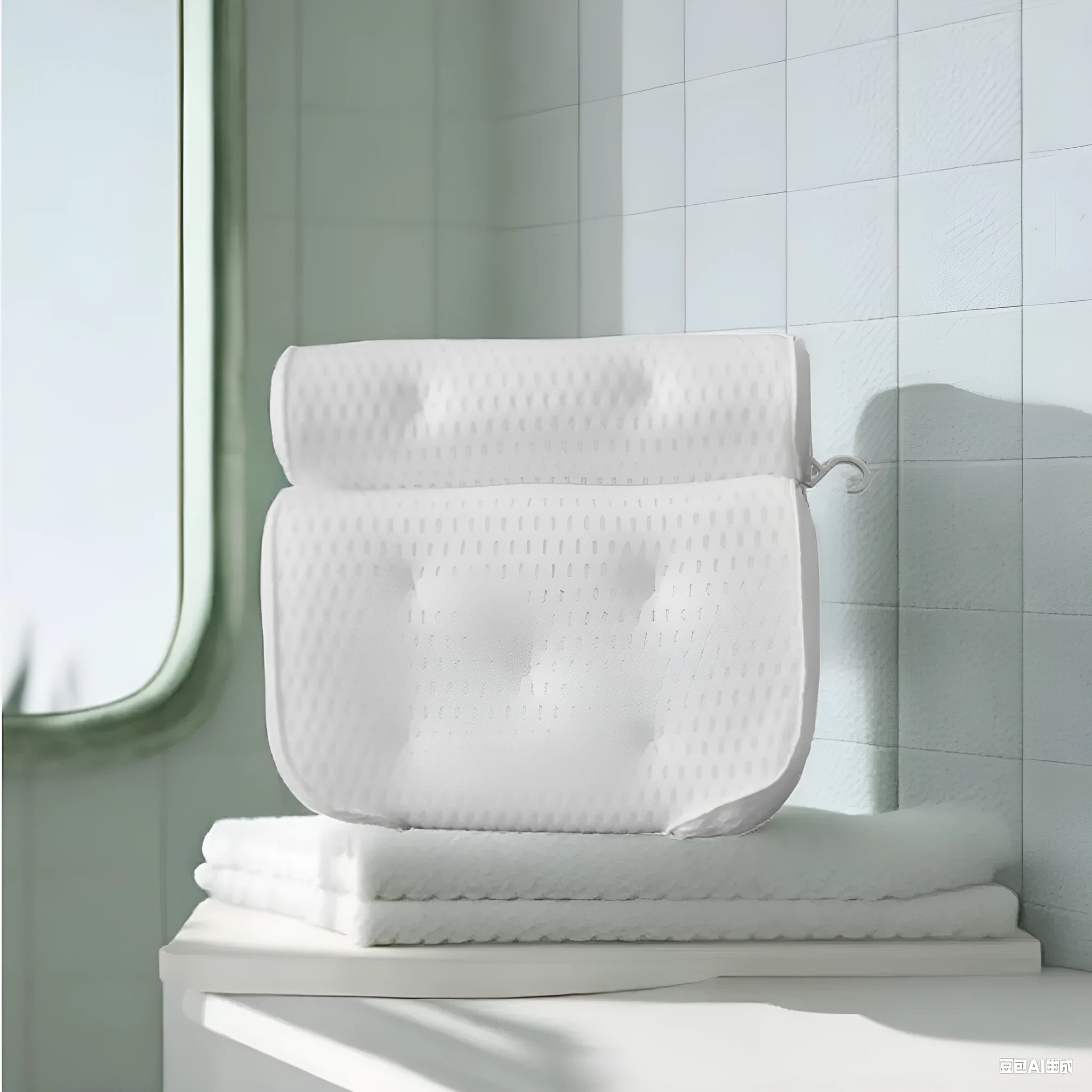 White bathtub pillow with suction cups and mesh construction measuring 37cm by 34cm
