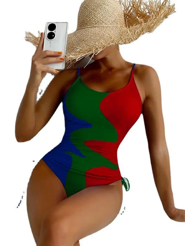 Women's sleeveless one-piece swimsuit in blue, purple, brown, or green colours with striped or solid patterns