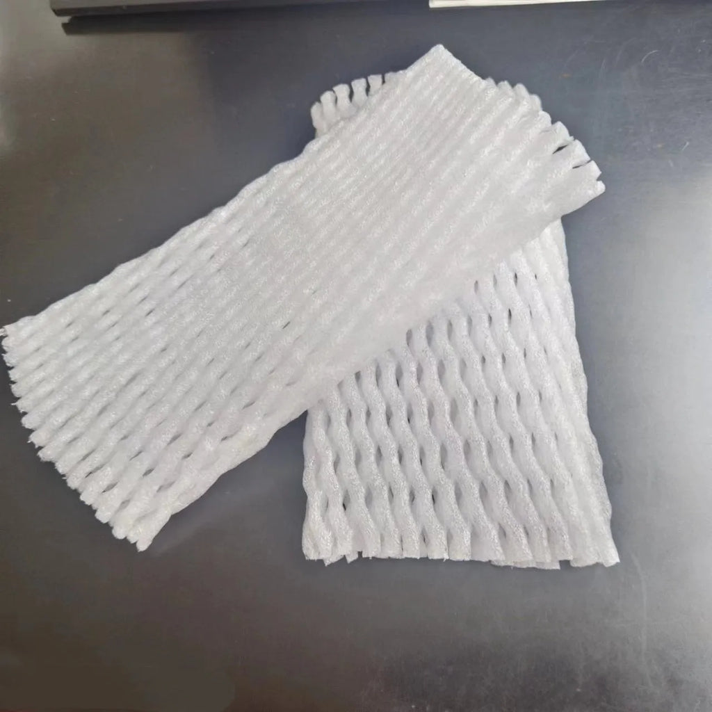 White foam protective net sleeve for fruit and delicate items, shown in multiple sizes.